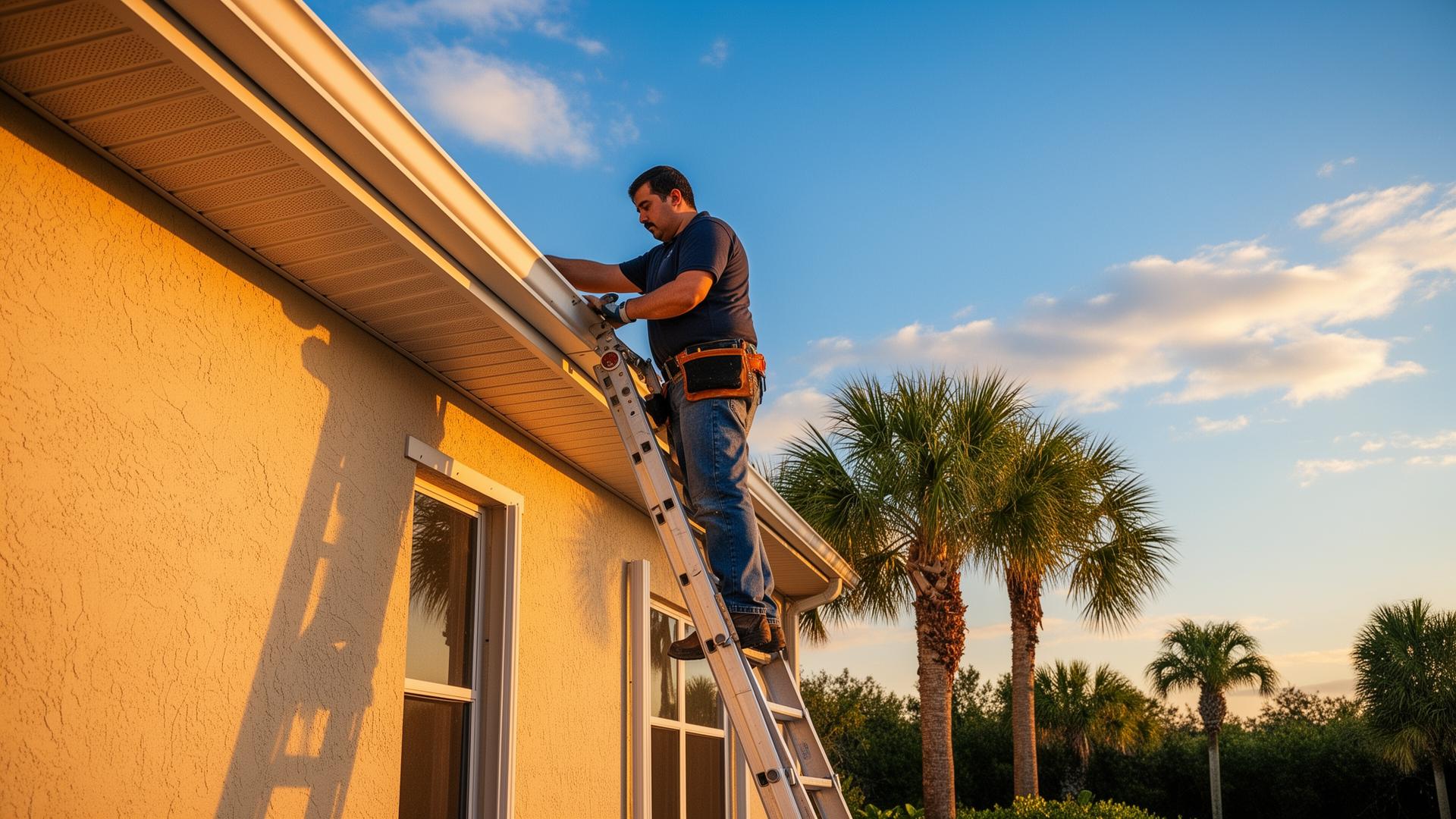 Avanti Exteriors crew installing seamless gutters and soffit on a Florida home exterior